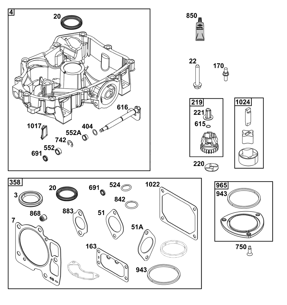 Crankcase Cover/Sump Group Diagram and Parts List for 49E777-0003-B5 400000 - 699999 Briggs and Stratton Engine